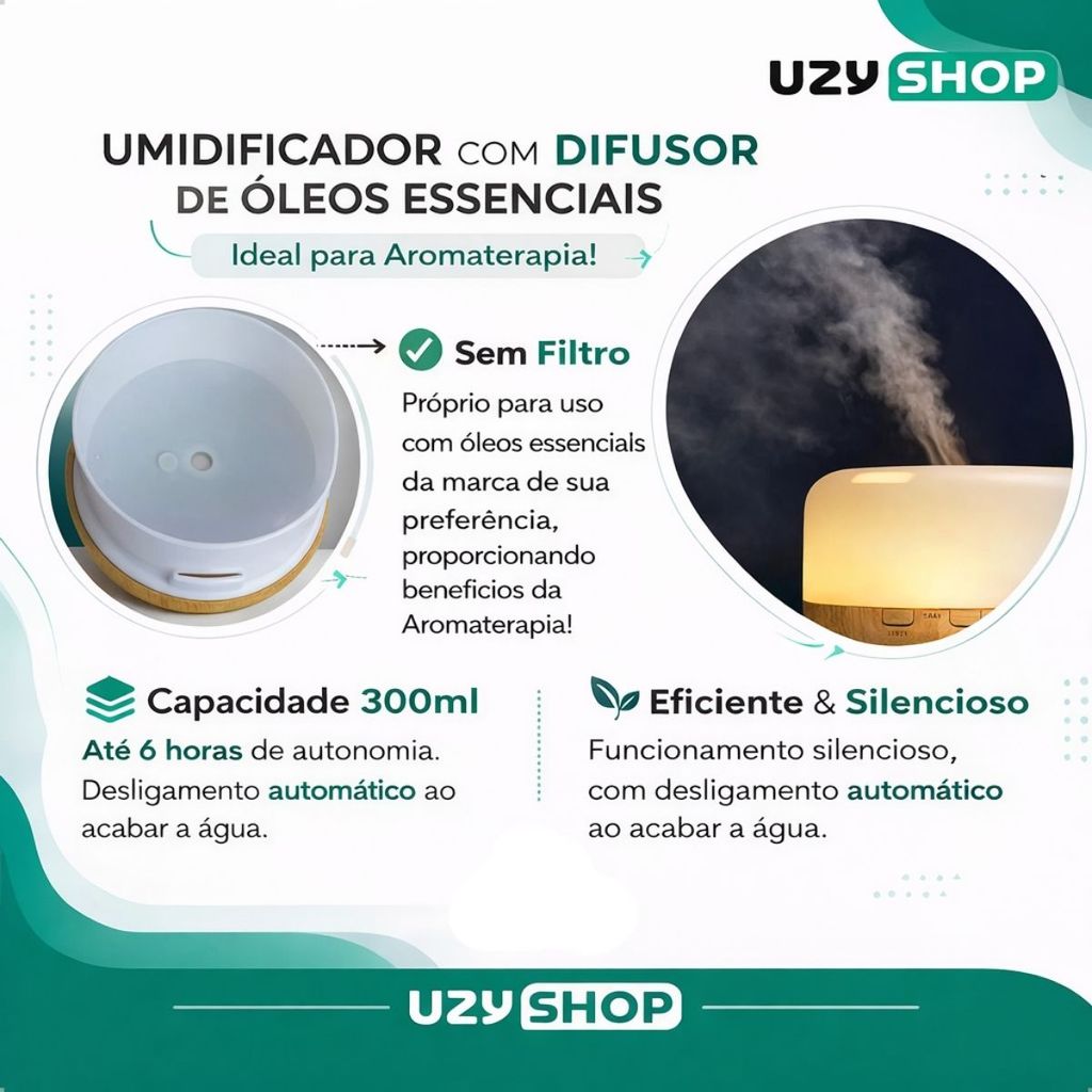 Difusor Aromático Elétrico 300ml USB Umidificador Ultrassônico LED RGB 7 Cores Bivolt