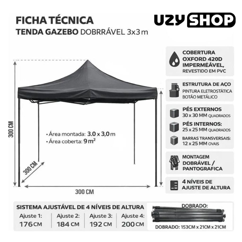 Tenda Gazebo 3x3 Articulada Para Praia Camping e Feira Dobrável Sanfonada