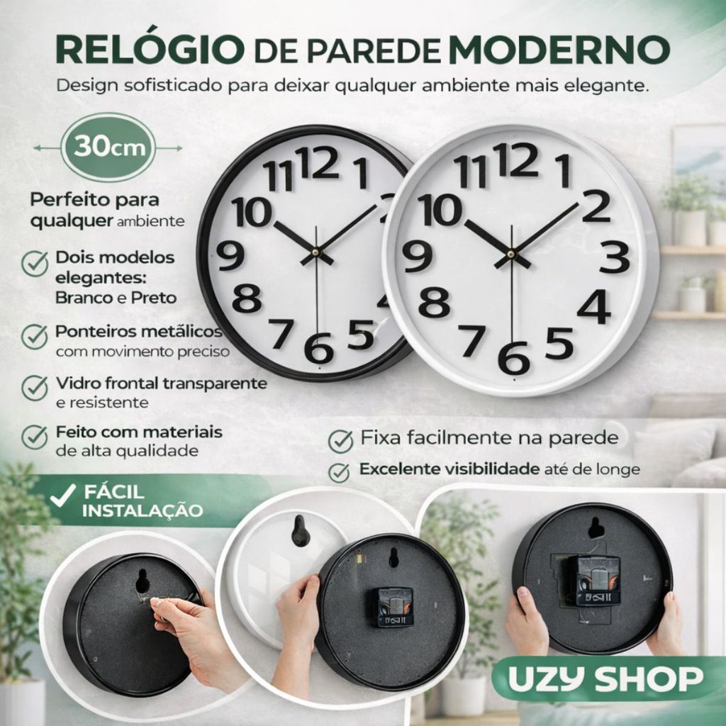 Relógio de Parede 30cm Minimalista Silencioso 1 Pilha AA Acabamento Reforçado Moderno