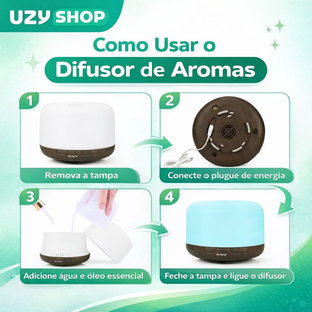 Difusor Aromático Elétrico 300ml USB Umidificador Ultrassônico LED RGB 7 Cores Bivolt