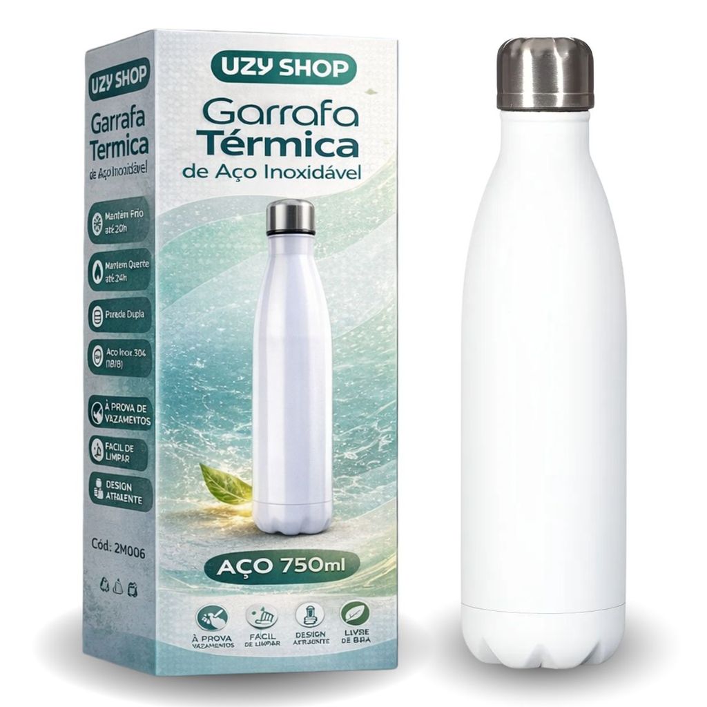 Garrafa Térmica de Inox Parede Dupla 750ml Prata Preto e Branca Vedação