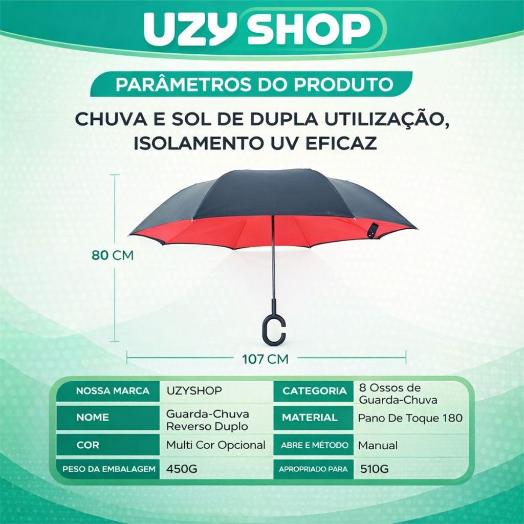 Guarda Chuva Invertido Reforçado Tecido Duplo Cabo C Mãos Livres Ideal Para