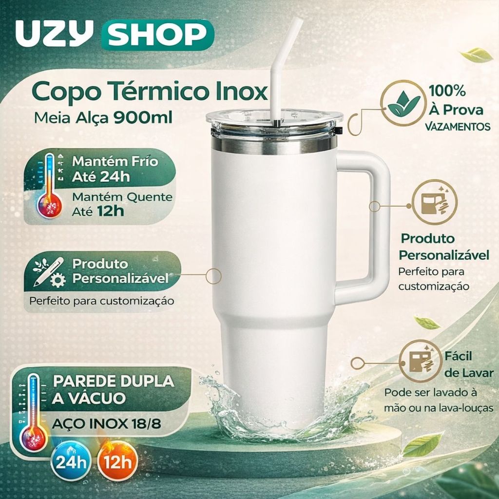 Copo Térmico 1200ml Inox 304 Com Alça e Canudo Tampa Anti Vazamento Quente e