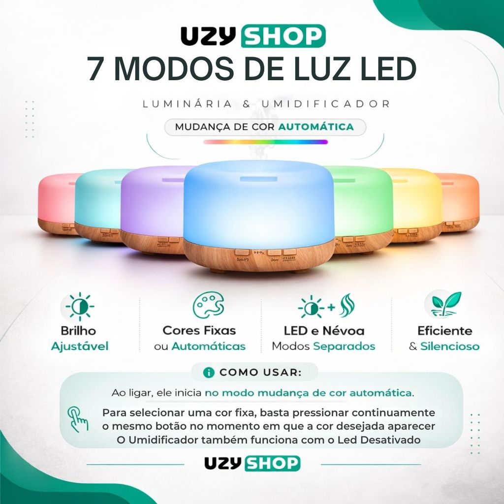 Difusor Aromático Elétrico 300ml USB Umidificador Ultrassônico LED RGB 7 Cores Bivolt