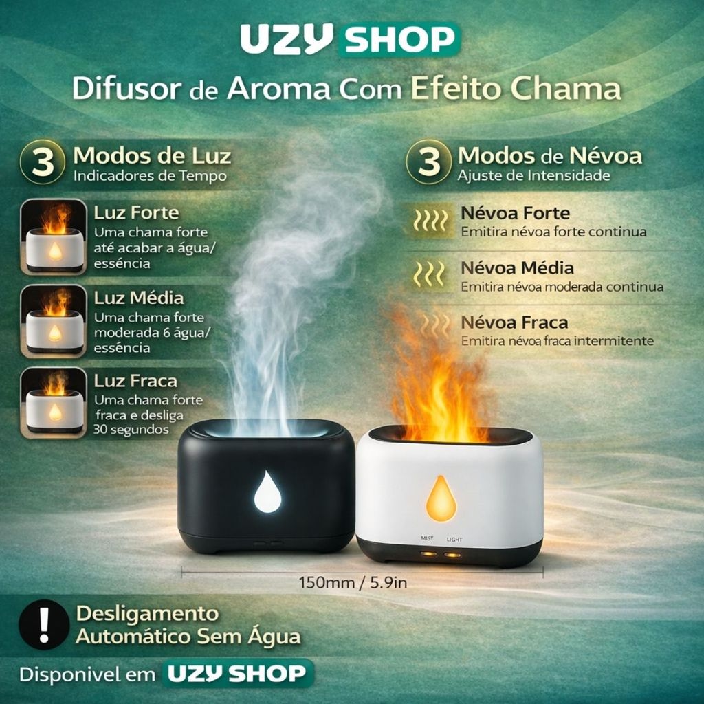 Umidificador Difusor de Ar Ultrassônico Chama Fogo Realista 200ml USB Tipo-C
