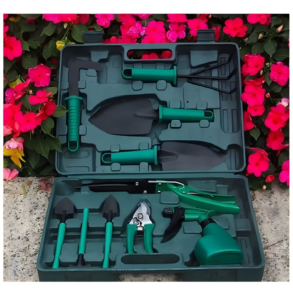 Kit de Jardinagem 10 Peças com Maleta - Pás Sacho Tesoura Foice Spray | Ideal
