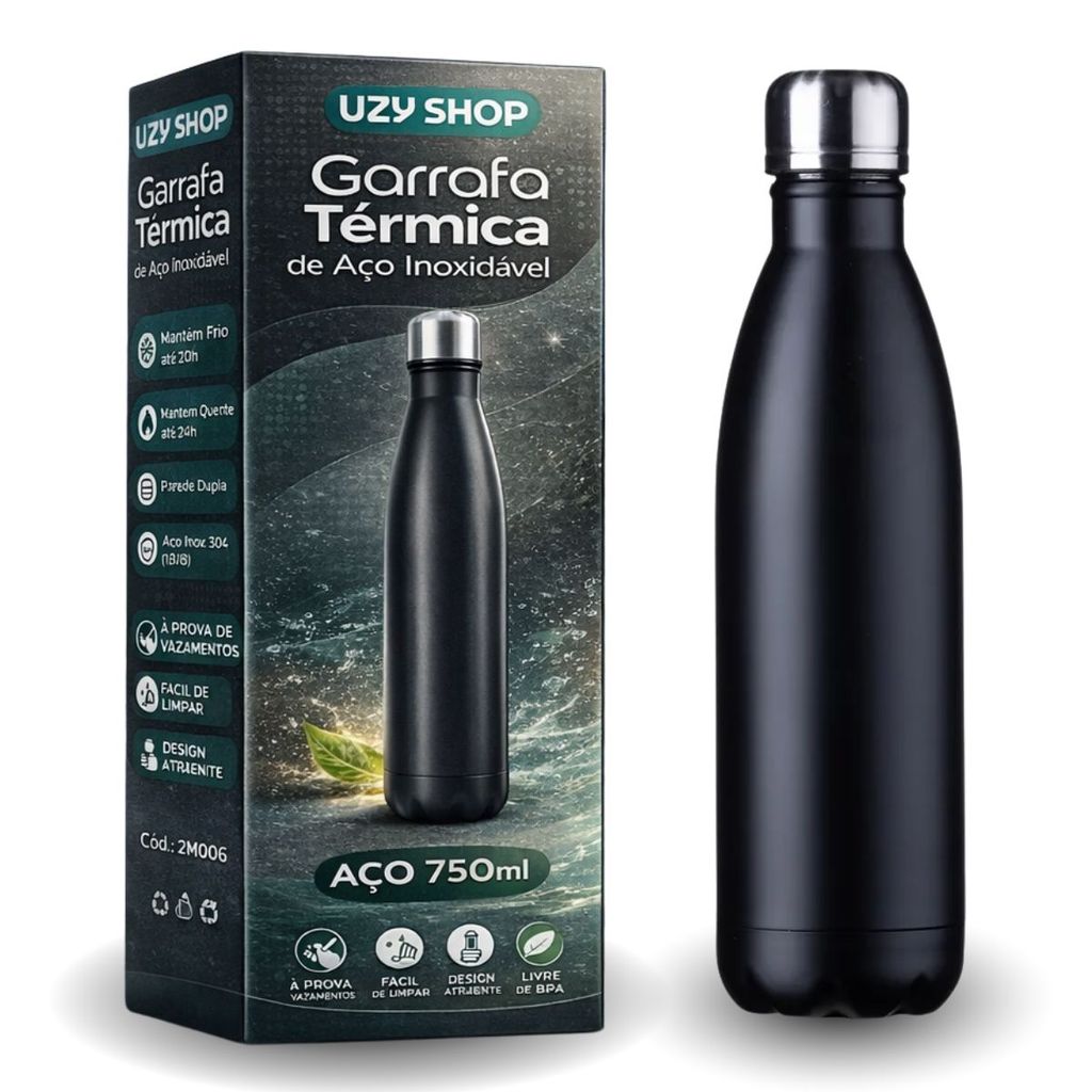 Garrafa Térmica de Inox Parede Dupla 750ml Prata Preto e Branca Vedação