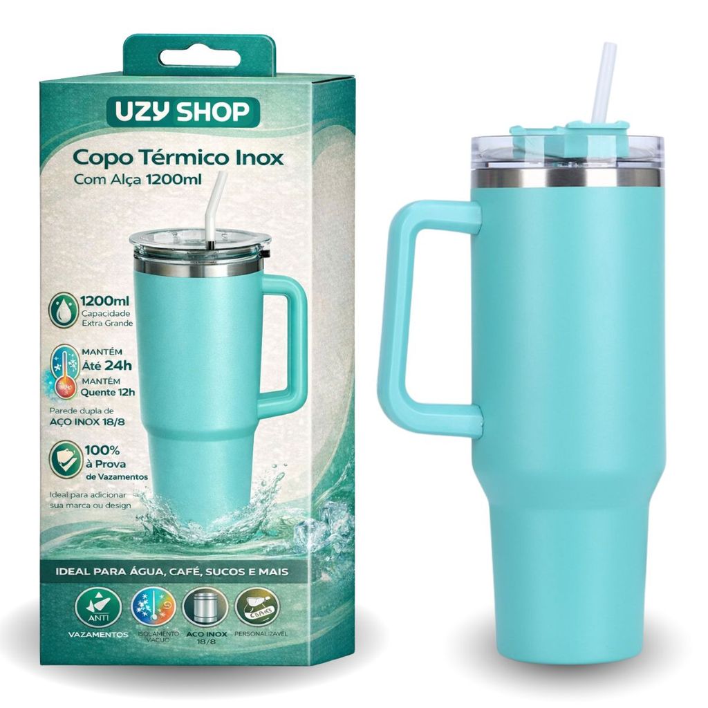 Copo Térmico 1200ml Inox 304 Com Alça e Canudo Tampa Anti Vazamento Quente e