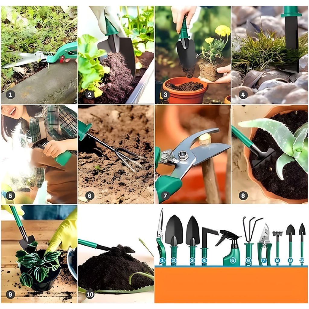 Kit de Jardinagem 10 Peças com Maleta - Pás Sacho Tesoura Foice Spray | Ideal