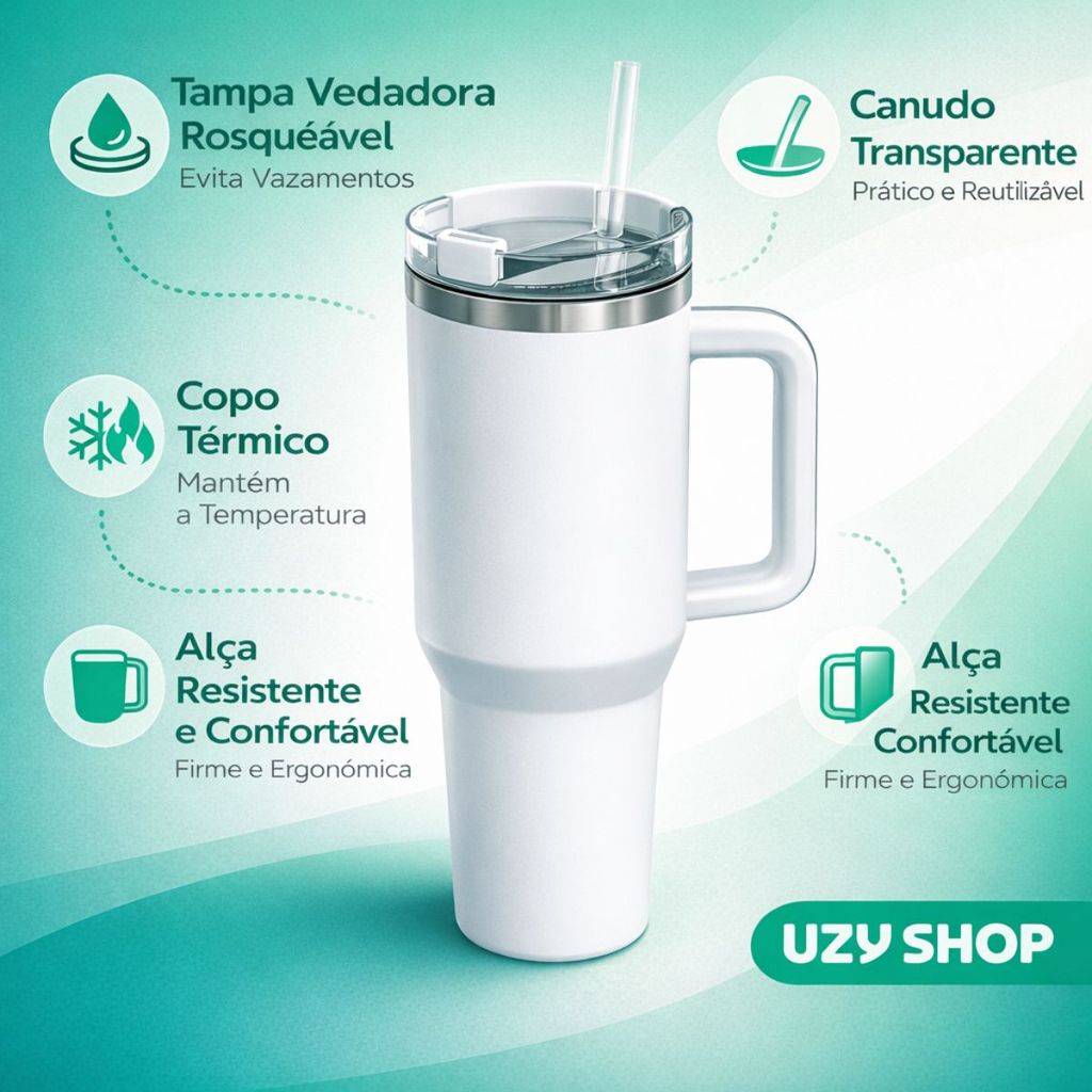 Copo Térmico 1200ml Inox 304 Com Alça e Canudo Tampa Anti Vazamento Quente e