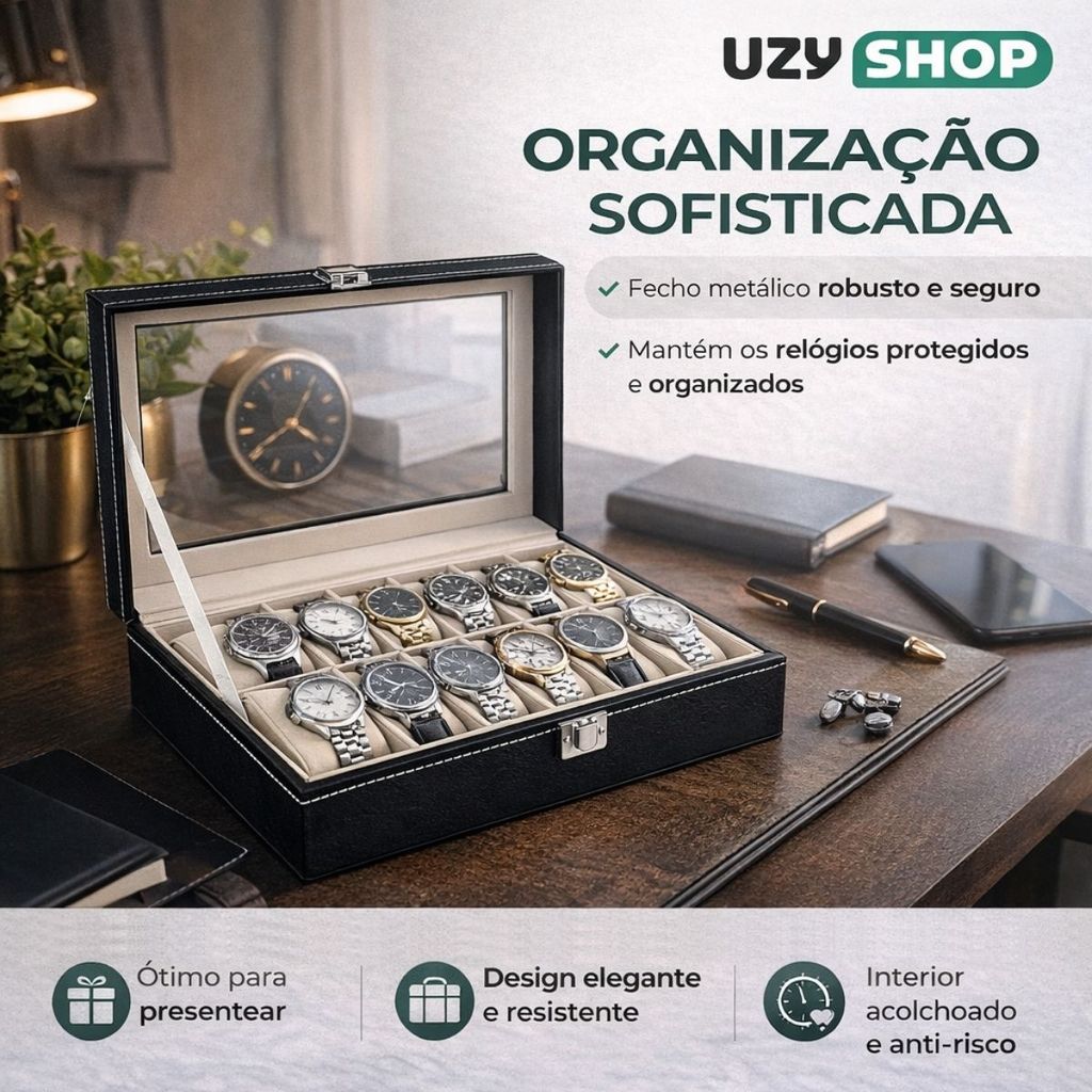 Maleta Porta Relógios 12 Lugares Couro Sintético Preta Visor Transparente
