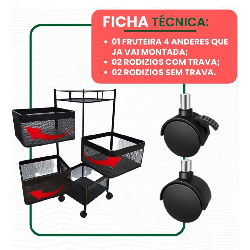 Fruteira Quadrada Carrinho Organizador 4 Prateleiras Giratórias Rodinhas 360°