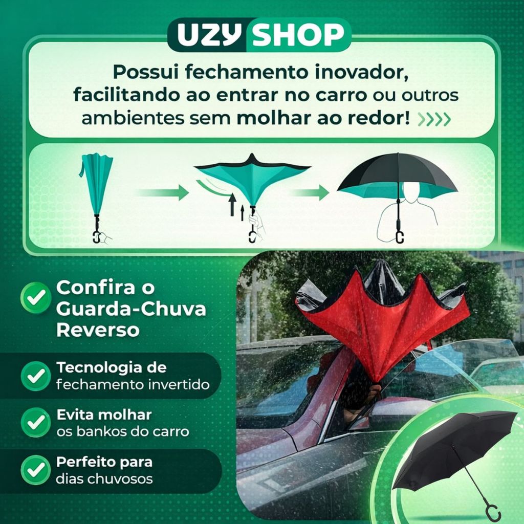 Guarda Chuva Invertido Reforçado Tecido Duplo Cabo C Mãos Livres Ideal Para