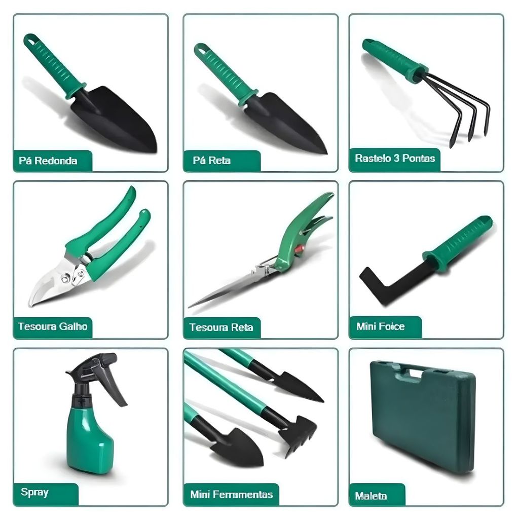 Kit de Jardinagem 10 Peças com Maleta - Pás Sacho Tesoura Foice Spray | Ideal