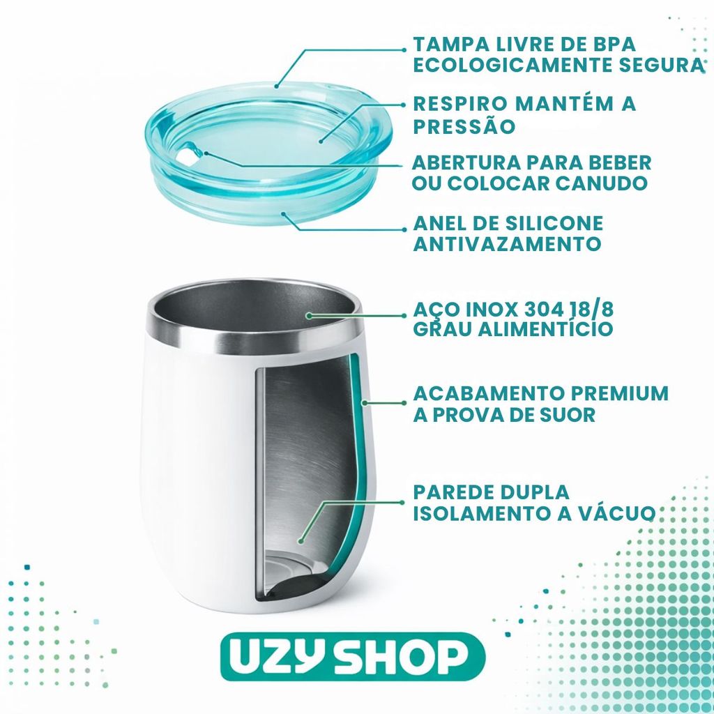 Copo Térmico Tipo Cuia 350ml Aço Inoxidável Parede Dupla à Vácuo com Tampa de