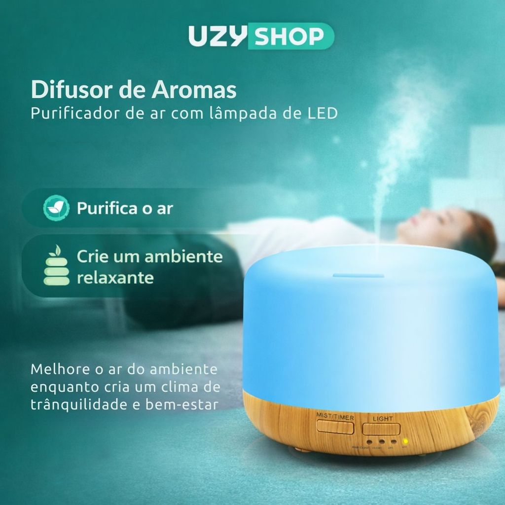 Difusor Aromático Elétrico 300ml USB Umidificador Ultrassônico LED RGB 7 Cores Bivolt