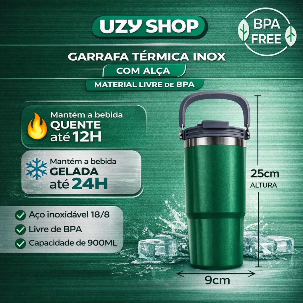 Garrafa Térmica 900ml Isolamento a Vácuo Inox 24h Quente Frio Academia