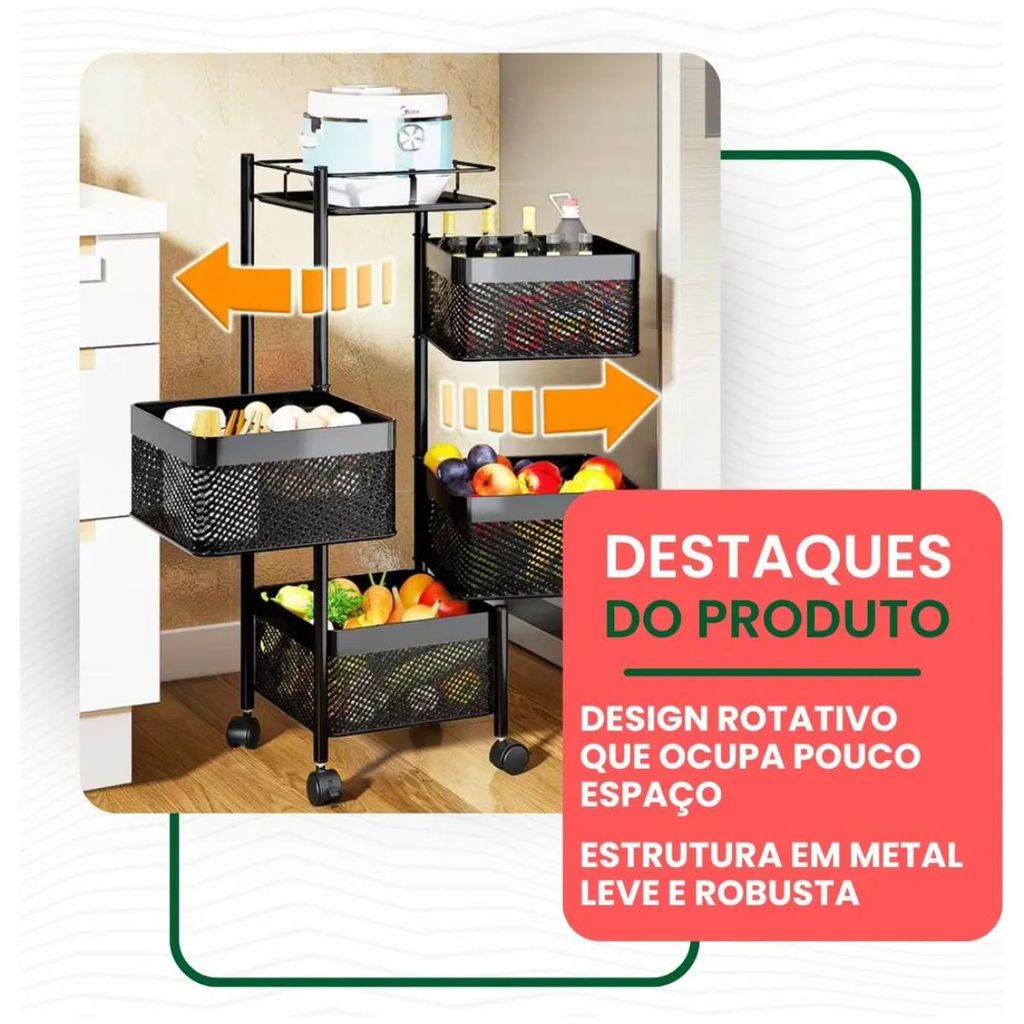 Fruteira Quadrada Carrinho Organizador 4 Prateleiras Giratórias Rodinhas 360°