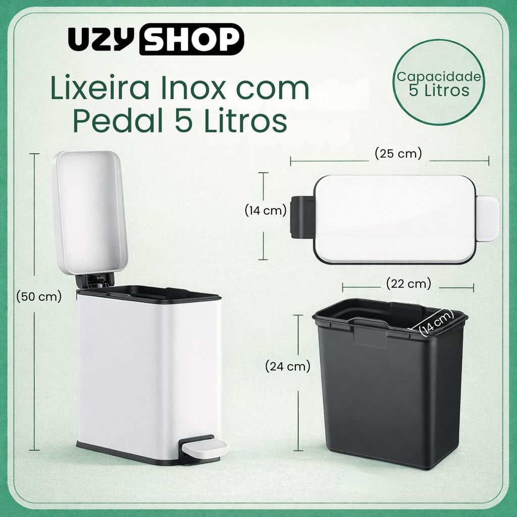 Lixeira Banheiro Cozinha Slim 5L Pedal Inox Fechamento Suave Soft Close Preta