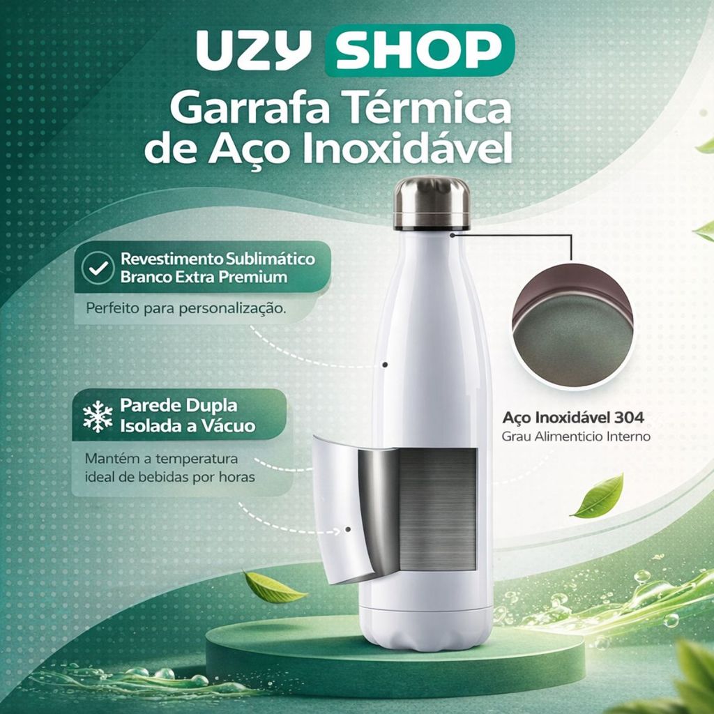 Garrafa Térmica de Inox Parede Dupla 750ml Prata Preto e Branca Vedação