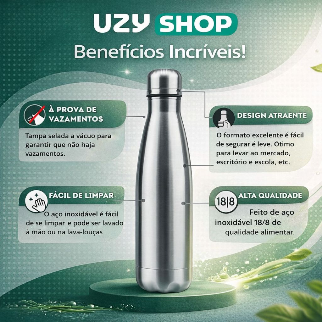 Garrafa Térmica de Inox Parede Dupla 750ml Prata Preto e Branca Vedação
