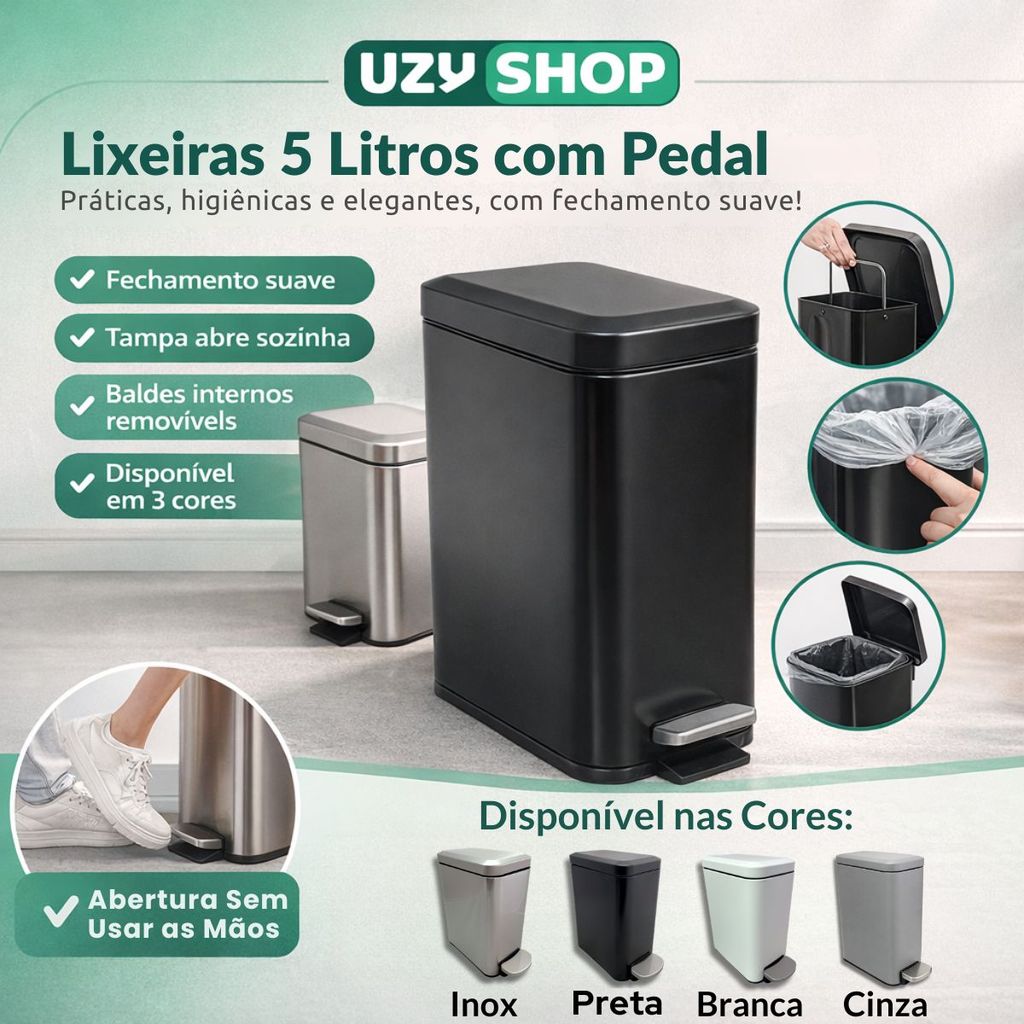 Lixeira Banheiro Cozinha Slim 5L Pedal Inox Fechamento Suave Soft Close Preta