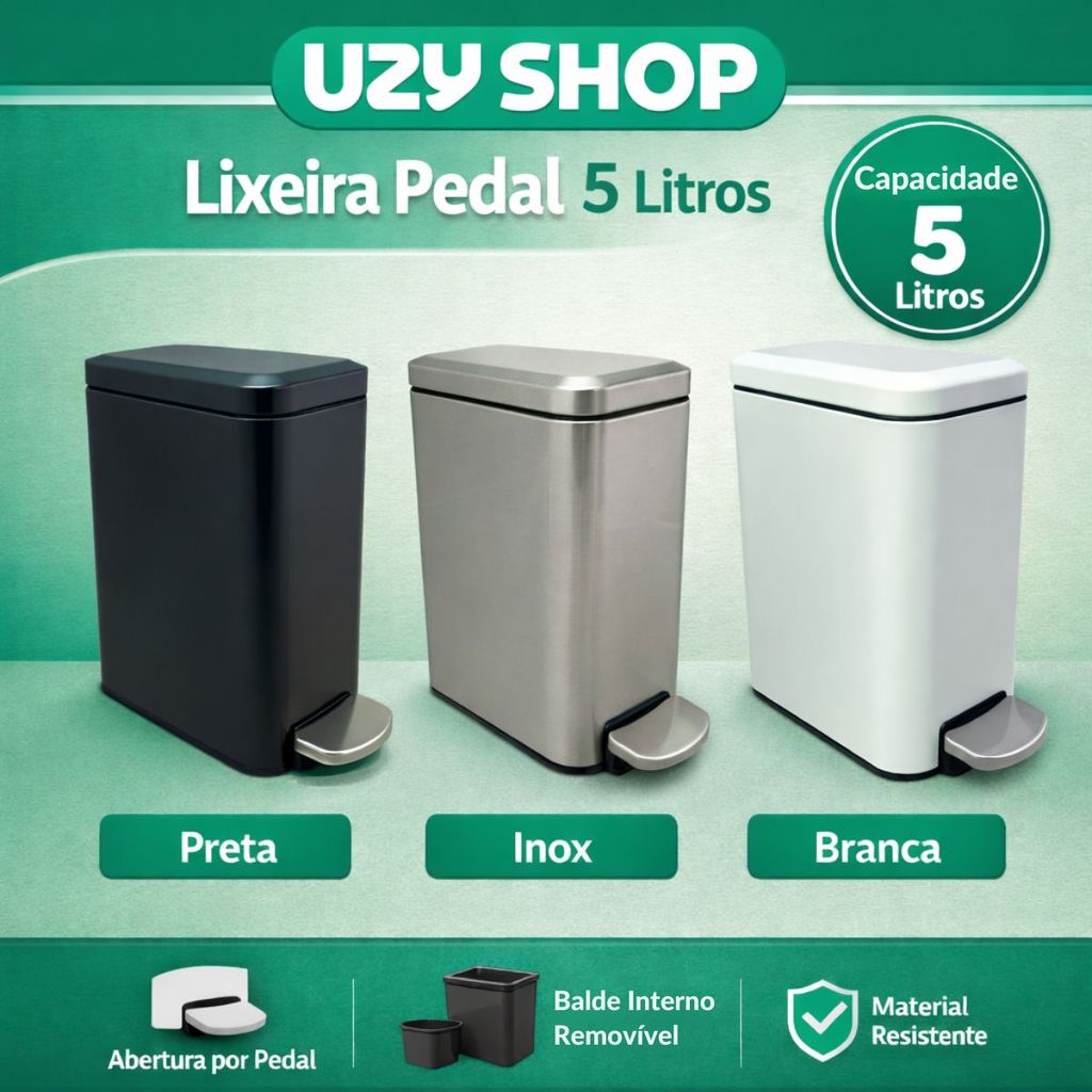 Lixeira Banheiro Cozinha Slim 5L Pedal Inox Fechamento Suave Soft Close Preta