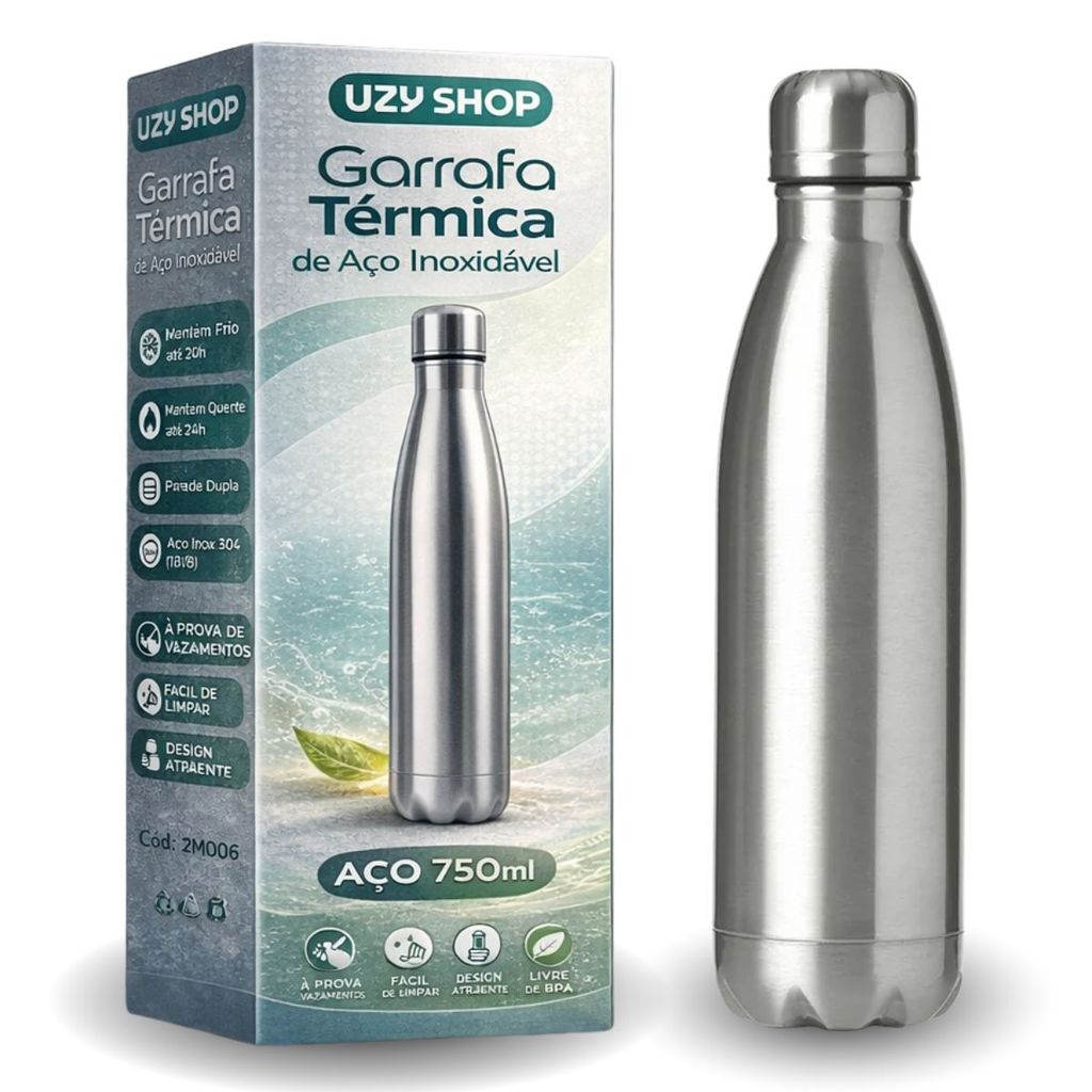 Garrafa Térmica de Inox Parede Dupla 750ml Prata Preto e Branca Vedação