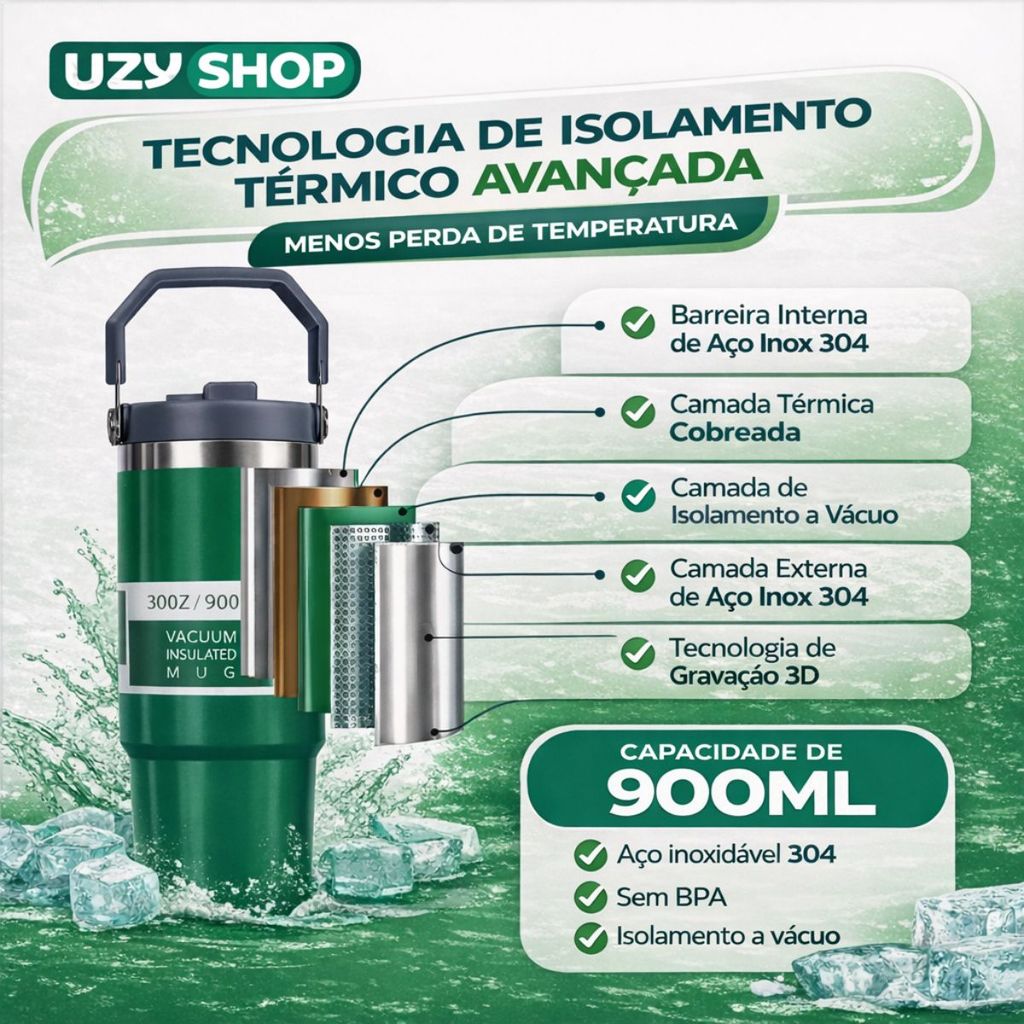Garrafa Térmica 900ml Isolamento a Vácuo Inox 24h Quente Frio Academia