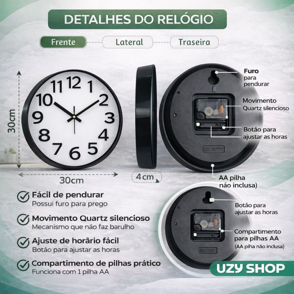 Relógio de Parede 30cm Minimalista Silencioso 1 Pilha AA Acabamento Reforçado Moderno