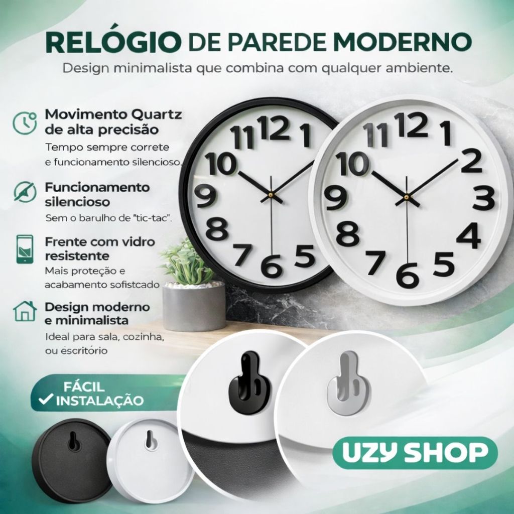 Relógio de Parede 30cm Minimalista Silencioso 1 Pilha AA Acabamento Reforçado Moderno