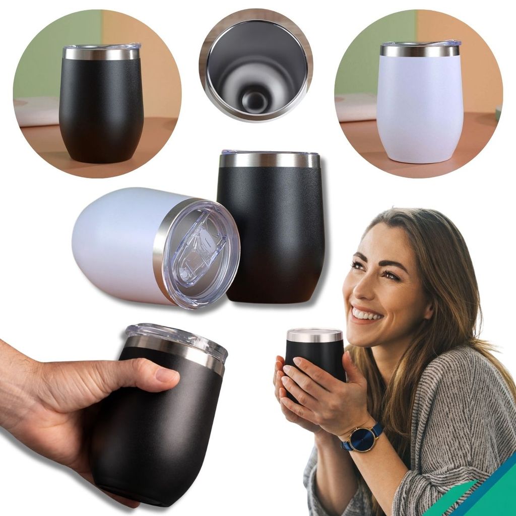 Copo Térmico Tipo Cuia 350ml Aço Inoxidável Parede Dupla à Vácuo com Tampa de
