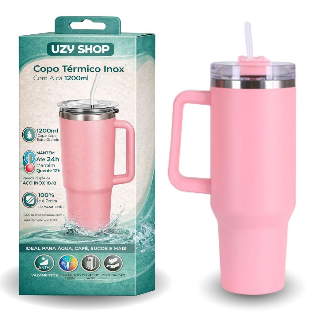 Copo Térmico 1200ml Inox 304 Com Alça e Canudo Tampa Anti Vazamento Quente e
