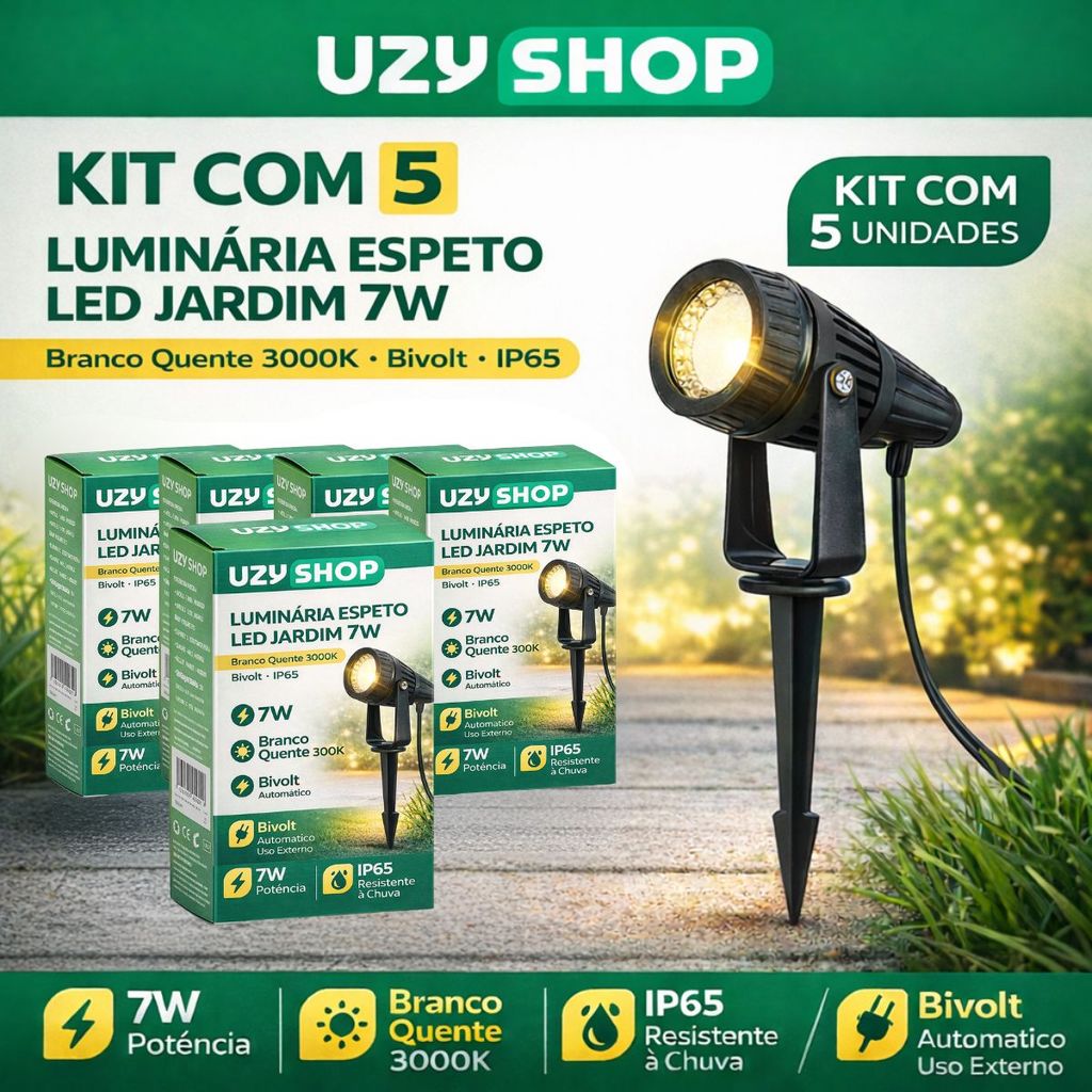 Kit 5 Luminárias Espeto Jardim LED 7W Preto Bivolt IP65 Cor Branco Quente