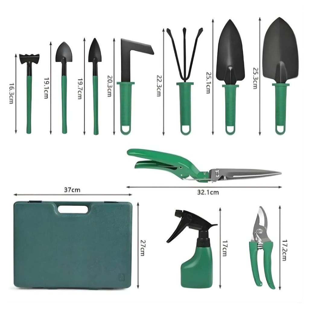 Kit de Jardinagem 10 Peças com Maleta - Pás Sacho Tesoura Foice Spray | Ideal