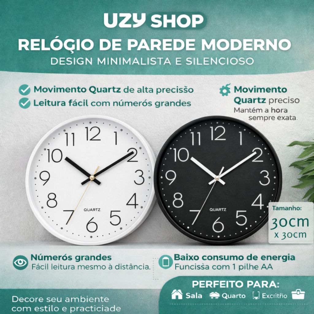 Relógio de Parede 30cm Quartz Números Grandes Minimalista Silencioso Mecanismo Sem Barulho