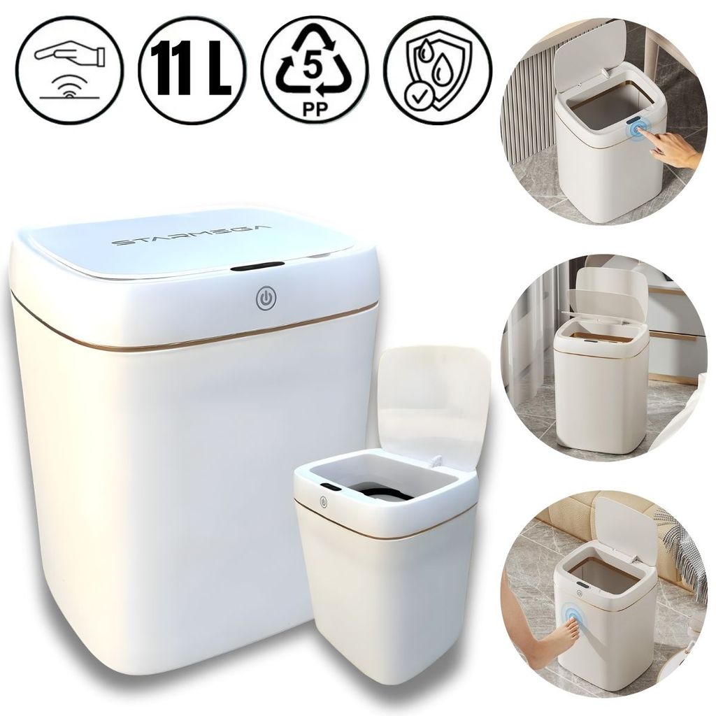 Lixeira Automática 11L Preta ou Branca Sensor Detalhe Dourado Elegante Banheiro Cozinha Moderna