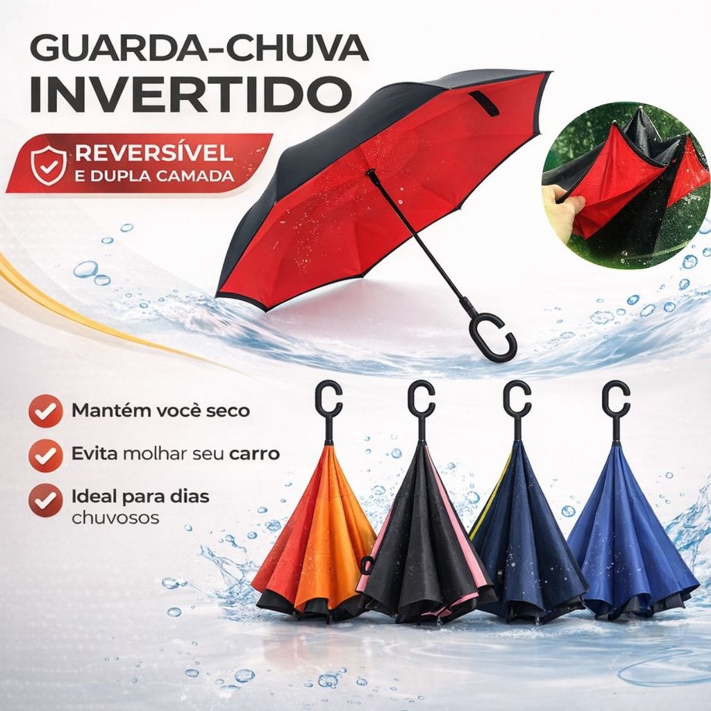Guarda Chuva Invertido Reforçado Tecido Duplo Cabo C Mãos Livres Ideal Para