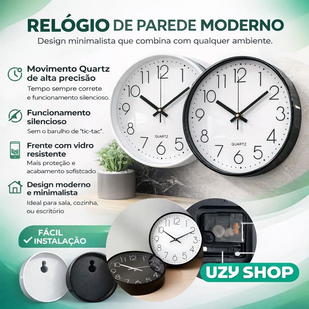 Relógio de Parede 30cm Quartz Números Grandes Minimalista Silencioso Mecanismo Sem Barulho