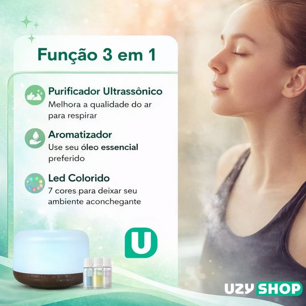 Difusor Aromático Elétrico 300ml USB Umidificador Ultrassônico LED RGB 7 Cores Bivolt