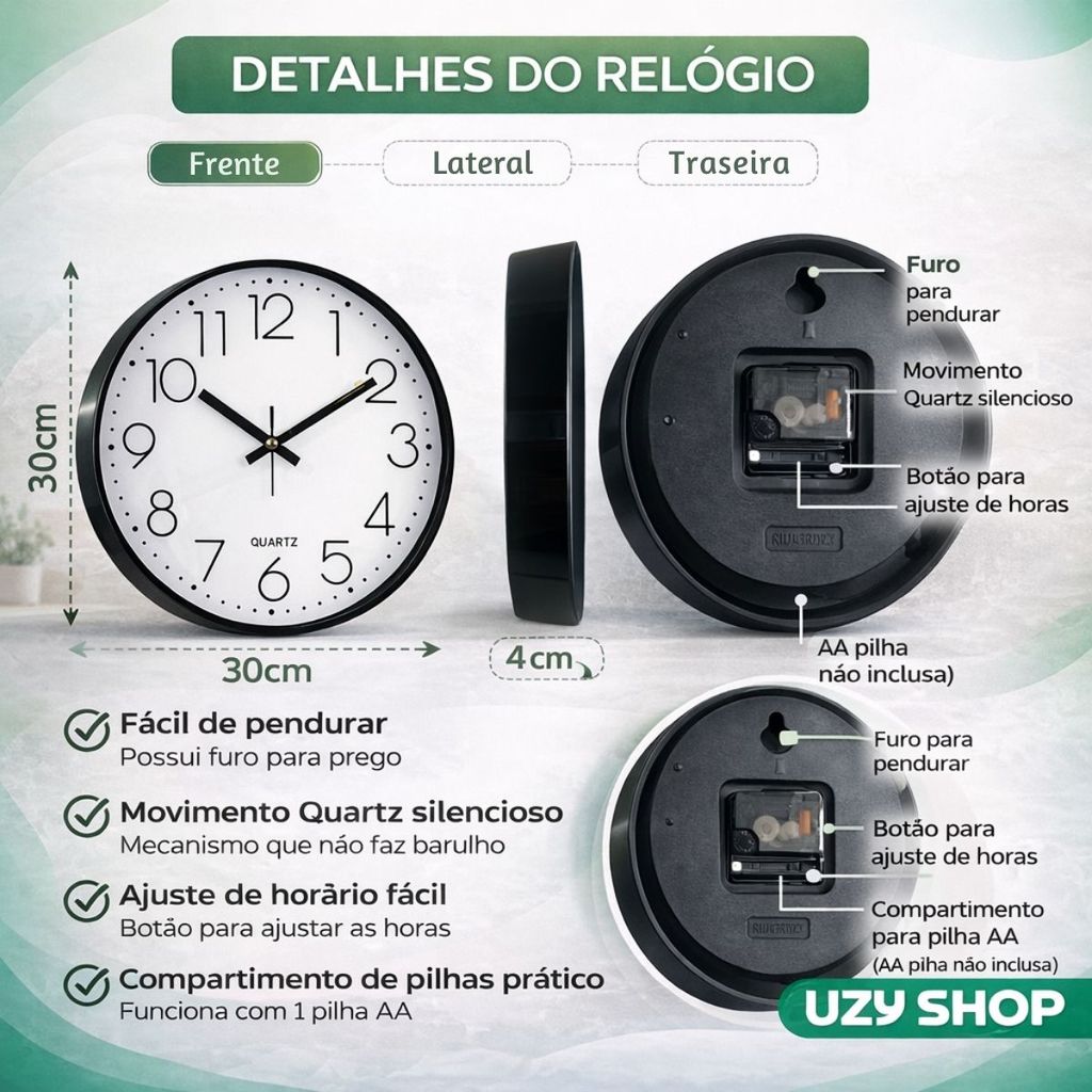 Relógio de Parede 30cm Quartz Números Grandes Minimalista Silencioso Mecanismo Sem Barulho