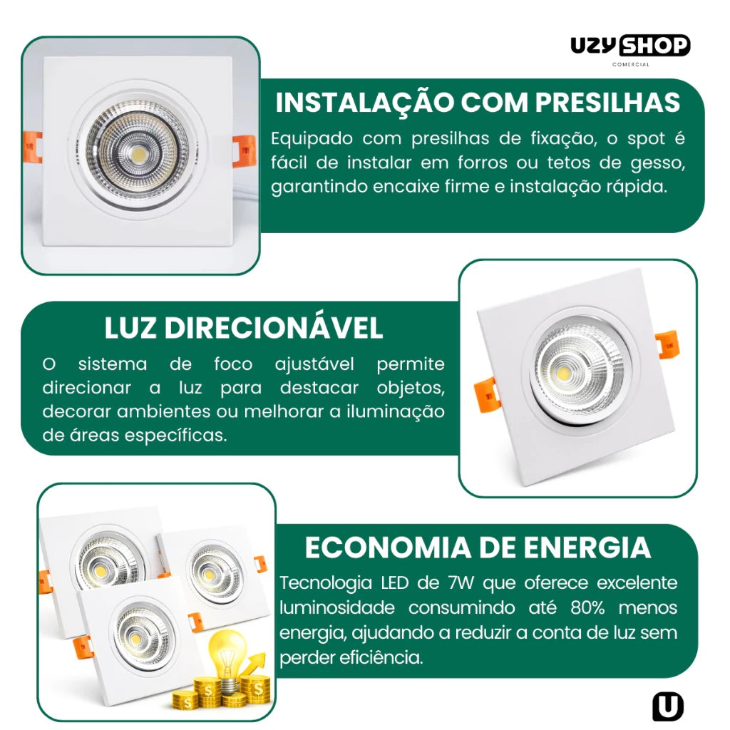 Spot LED 7W Quadrado Embutido Direcional Bivolt 3000K 6500K